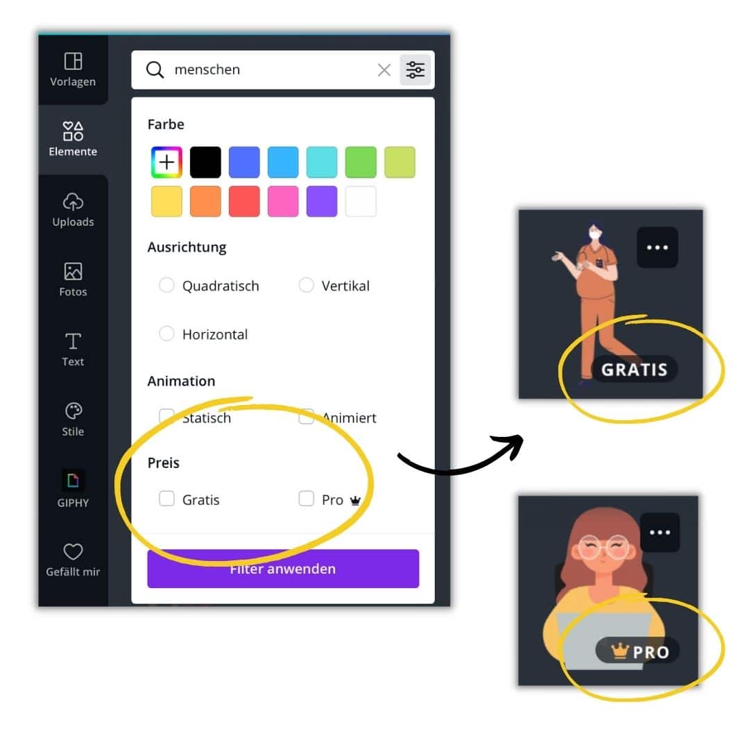Canva Filter: Gratis vs. Pro-Elemente